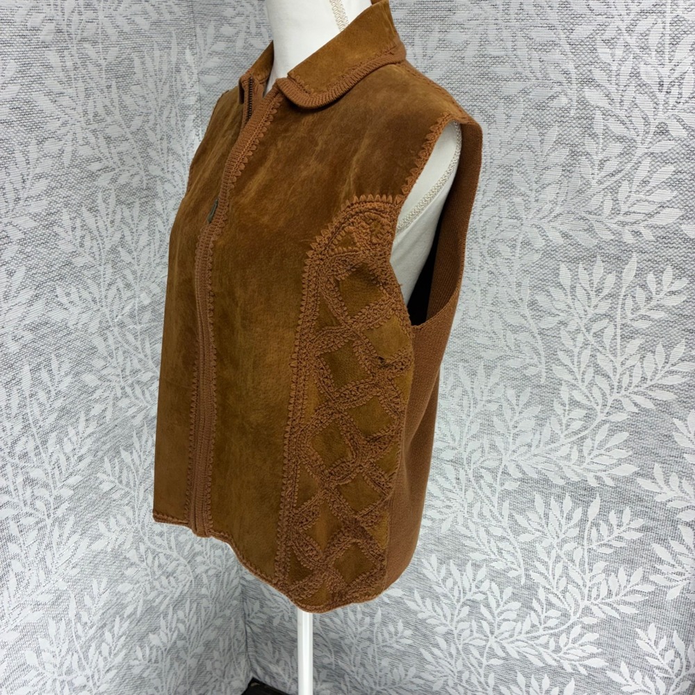 Lisa International Suede Knit Vest Womens XL Brown Crochet Zip Front Vintage 70s - Picture 10 of 13